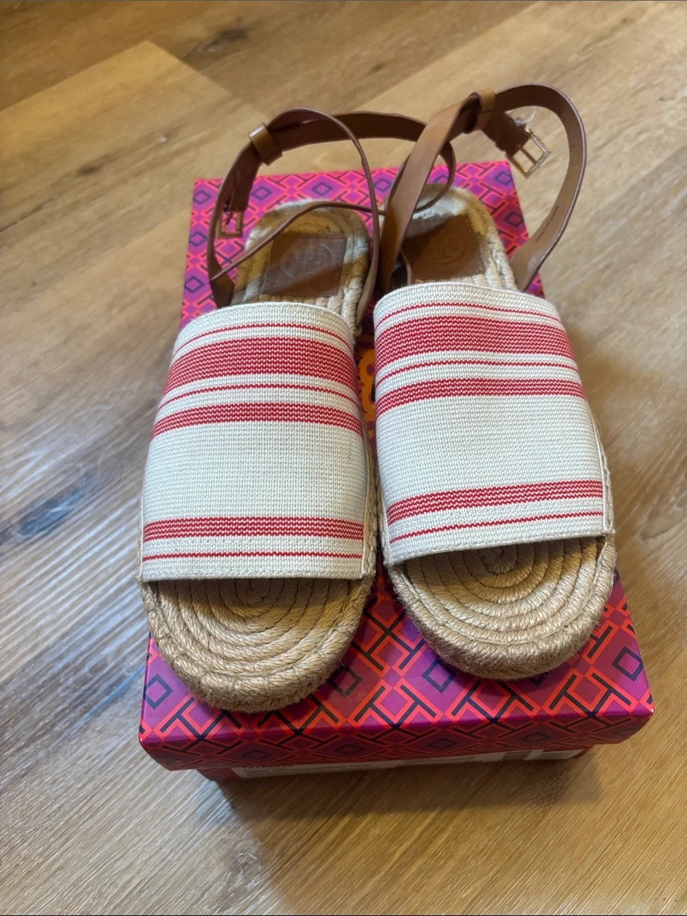 Tory Burch Cream and Red Striped Espadrille Sandals with Tan Ankle Strap